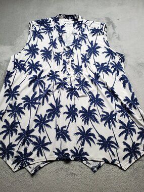 Southern Lady Sleeveless Topical Palm Tree Blouse Navy White Wm Sz 2X
